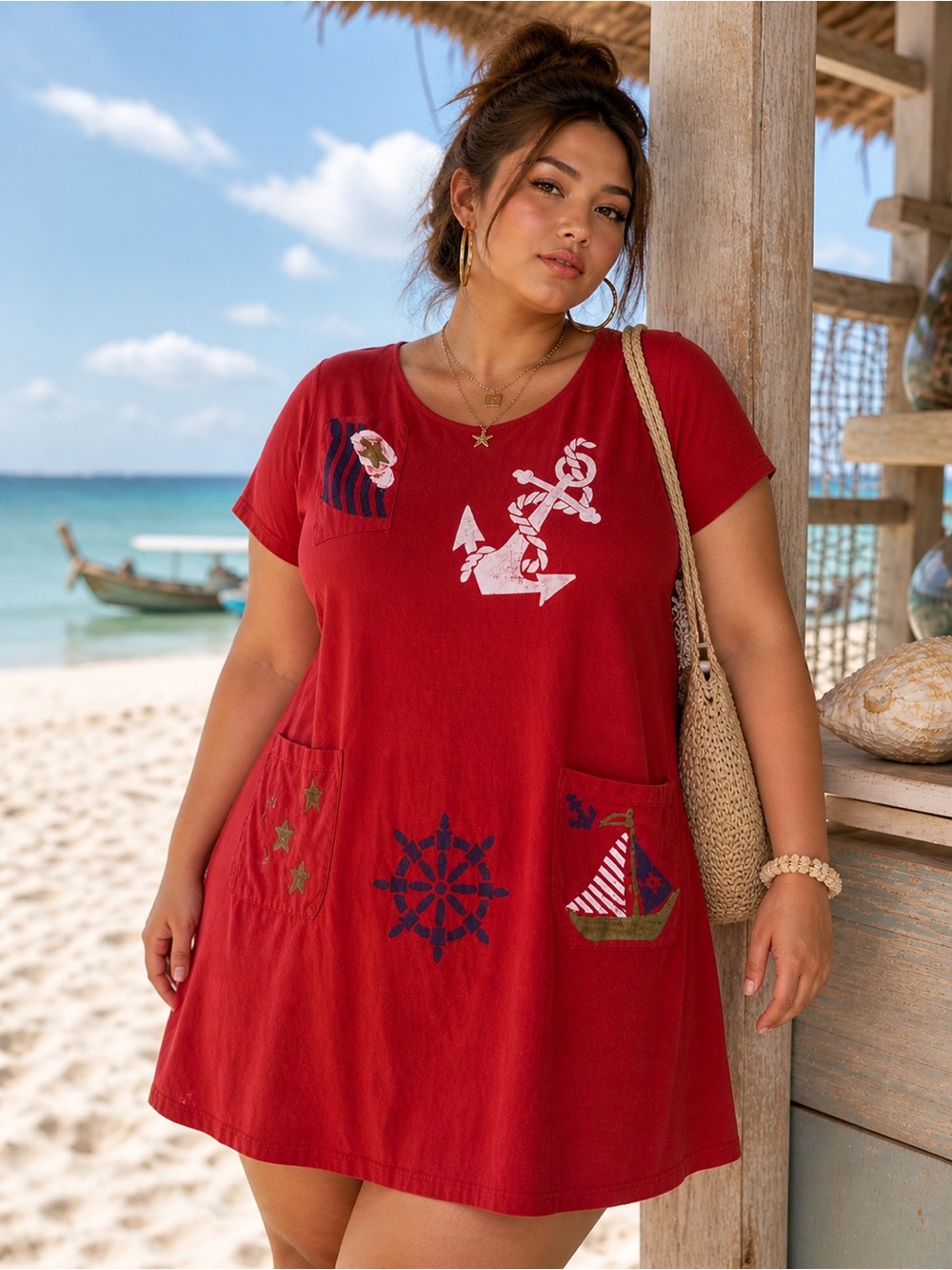 Cover Charge Red Sailboat Anchor Nautical Beachy Mini Dress Size L